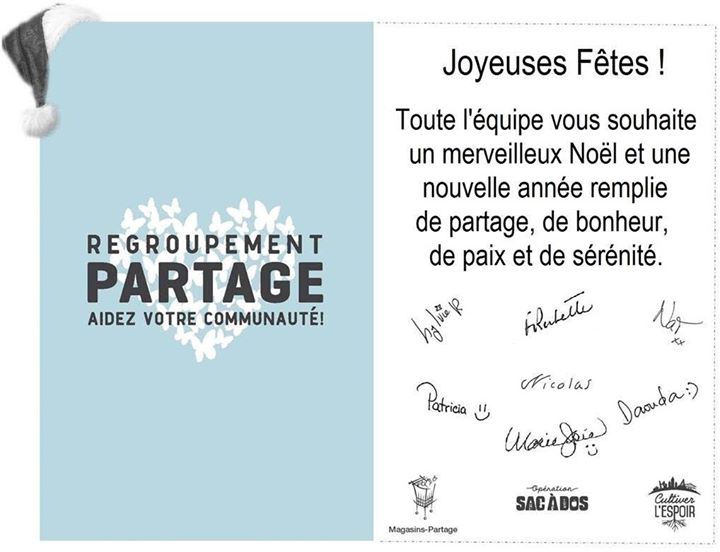 Joyeuses Fêtes à&nbsp;tous&nbsp;! De toute l’équipe du Regroupement Partage, nos meilleurs voeux&nbsp;! De…