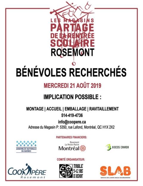 68534201_2355163438084505_108100207966683136_o.jpg RECHERCHÉS Bénévoles pour le Magasin-Partage de la rentrée scolaire de Rosemont, qui aura lieu…